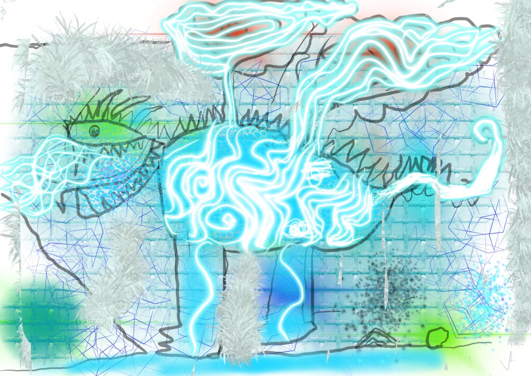 A digitally drawn dragon breathing fire in shades of blue and purple drawn on a iPAD