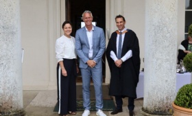 Chair of Governors Juliette Hodson, Mark Foster and Chris Gillam pose outside the Grade I listed mansion house on Speech Day