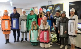 Teachers in Lower School dress up as crayons from the book The Day The Crayons Quit